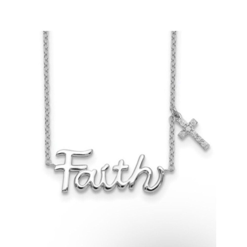 Sterling Silver Rhodium-plated FAITH with CZ Cross Charm Necklace